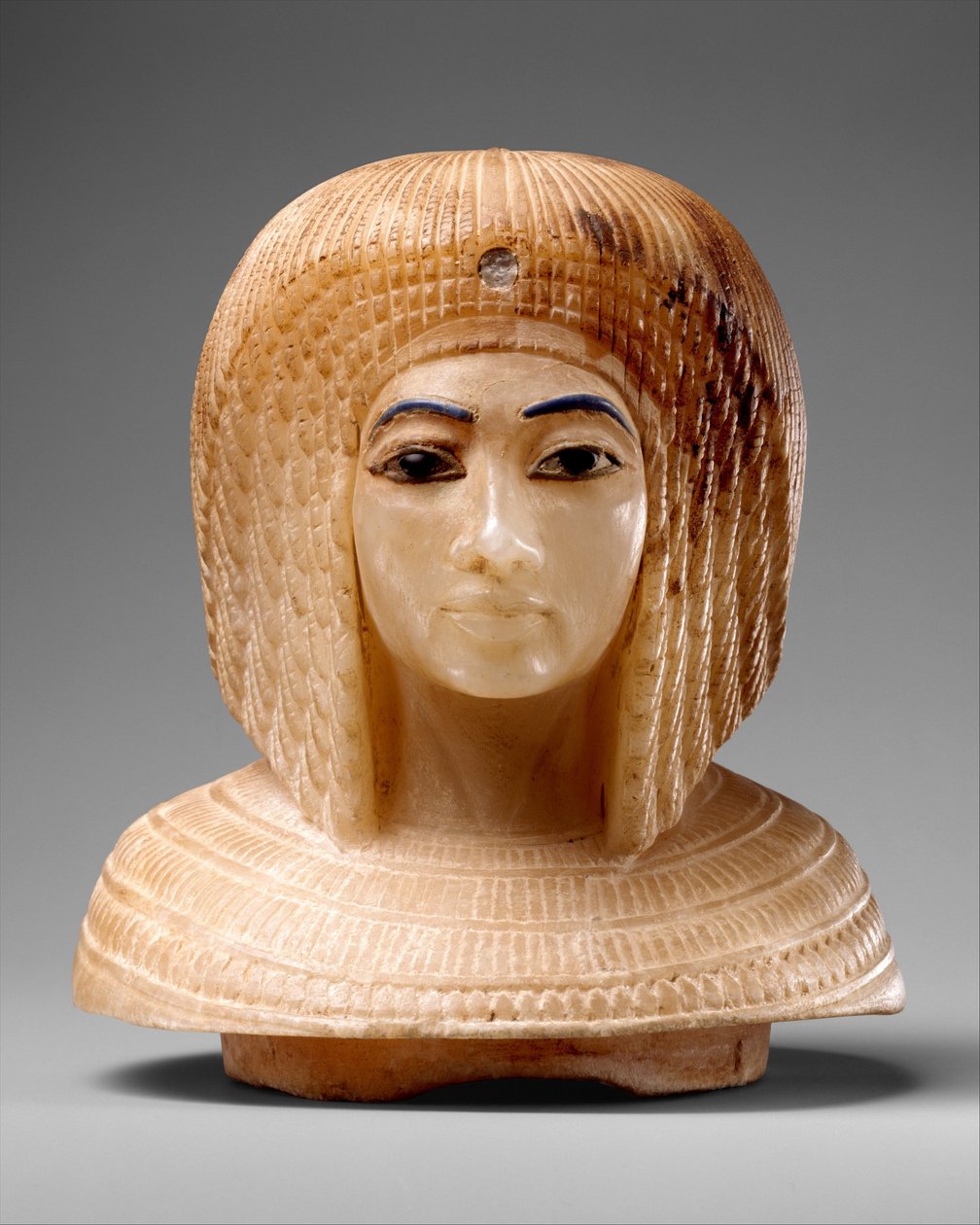 Kuninkaallisen naisen pään muotoinen kansi, n. 1349–36 eaa. (travertiini, sininen lasi, obsidiaani) tekijältä Egyptian 18th Dynasty