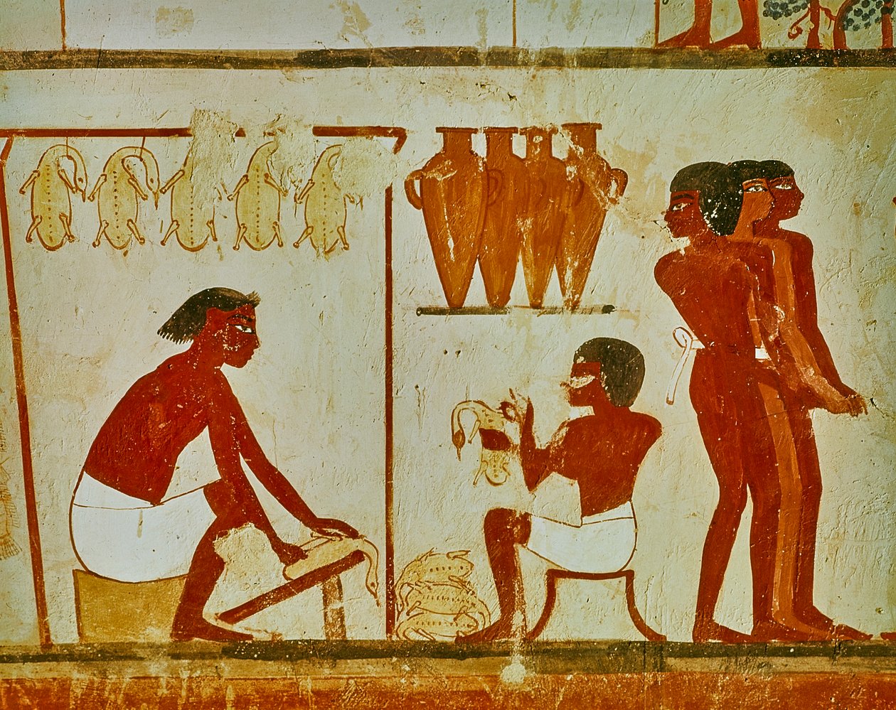 Lintujen lihankäsittely, yksityiskohta Nakhtin haudasta, n. 1390 eKr. (seinämaalaus) tekijältä Egyptian 18th Dynasty