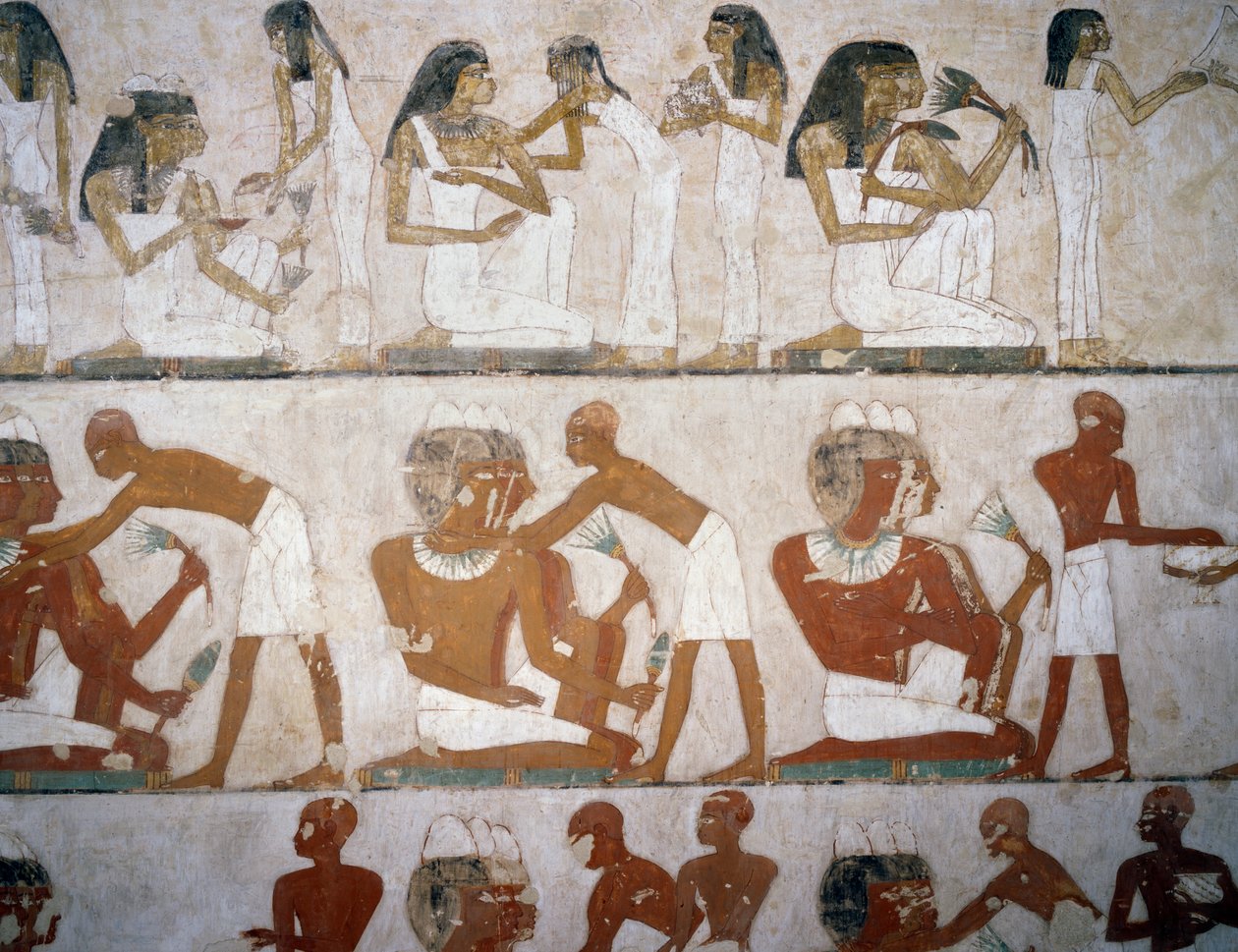 Miehet ja naiset pukeutuvat koruihin, yksityiskohta freskoista Rekhmiren haudassa, Sheikh Abd el Qurnah Necropolis, Luxor, Thebes (Unescon maailmanperintöluettelo) tekijältä Egyptian 18th Dynasty