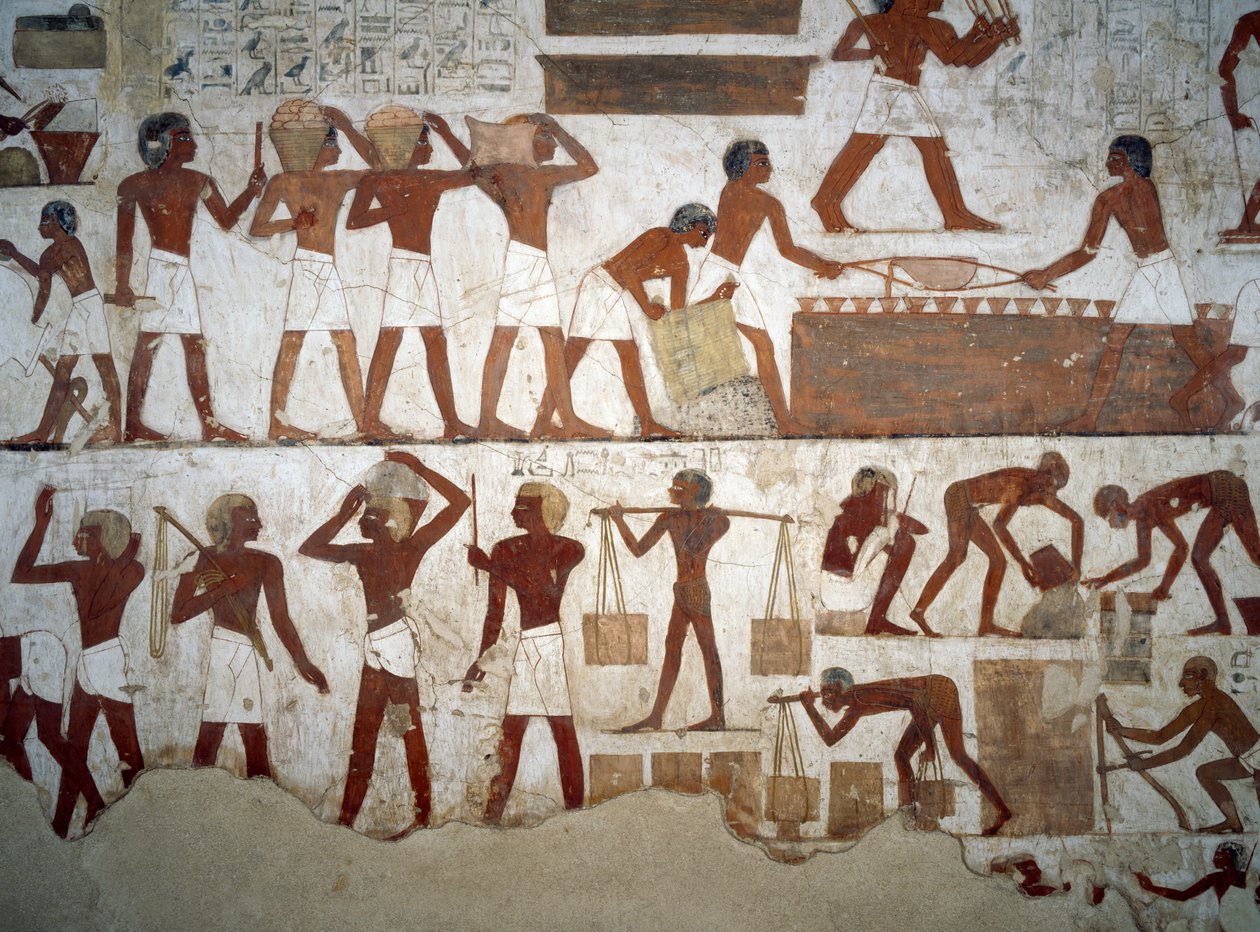 Miehet töissä, yksityiskohta freskoista Rekhmiren haudassa, Sheikh Abd el Qurnah Necropolis, Luxor, Thebes (Unescon maailmanperintöluettelo) tekijältä Egyptian 18th Dynasty