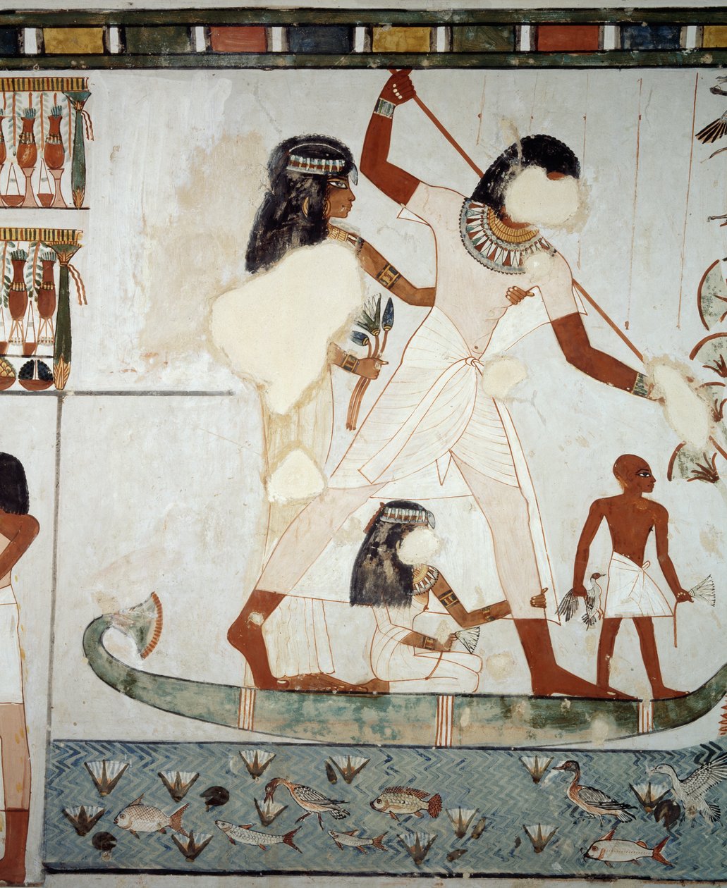 Menna ja hänen perheensä kalastusta ja lintuja Niilin soilla, yksityiskohta freskoista Mennan haudan kappelissa, Sheikh Abd el Qurnah Necropolis, Luxor, Thebes (Unescon maailmanperintöluettelo) tekijältä Egyptian 18th Dynasty