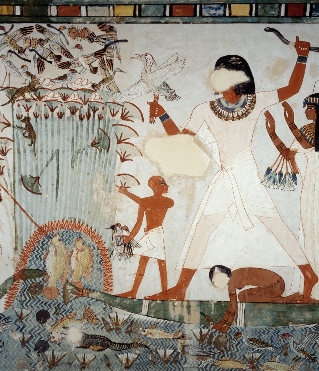 Menna ja hänen perheensä kalastusta ja lintuja Niilin soilla, yksityiskohta freskoista Mennan haudan kappelissa, Sheikh Abd el Qurnah Necropolis, Luxor, Thebes (Unescon maailmanperintöluettelo) tekijältä Egyptian 18th Dynasty