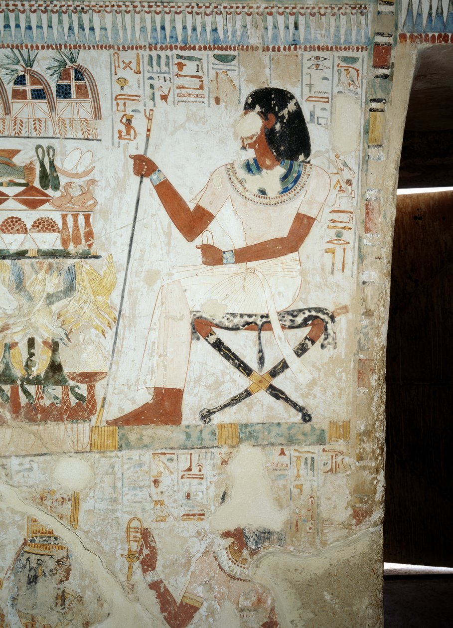 Menna valvoo työntekijöitään pelloilla, yksityiskohta Mennan haudan eteisen freskoista, Sheikh Abd el Qurnahin nekropoli, Luxor, Theeba (Unescon maailmanperintöluettelo). tekijältä Egyptian 18th Dynasty