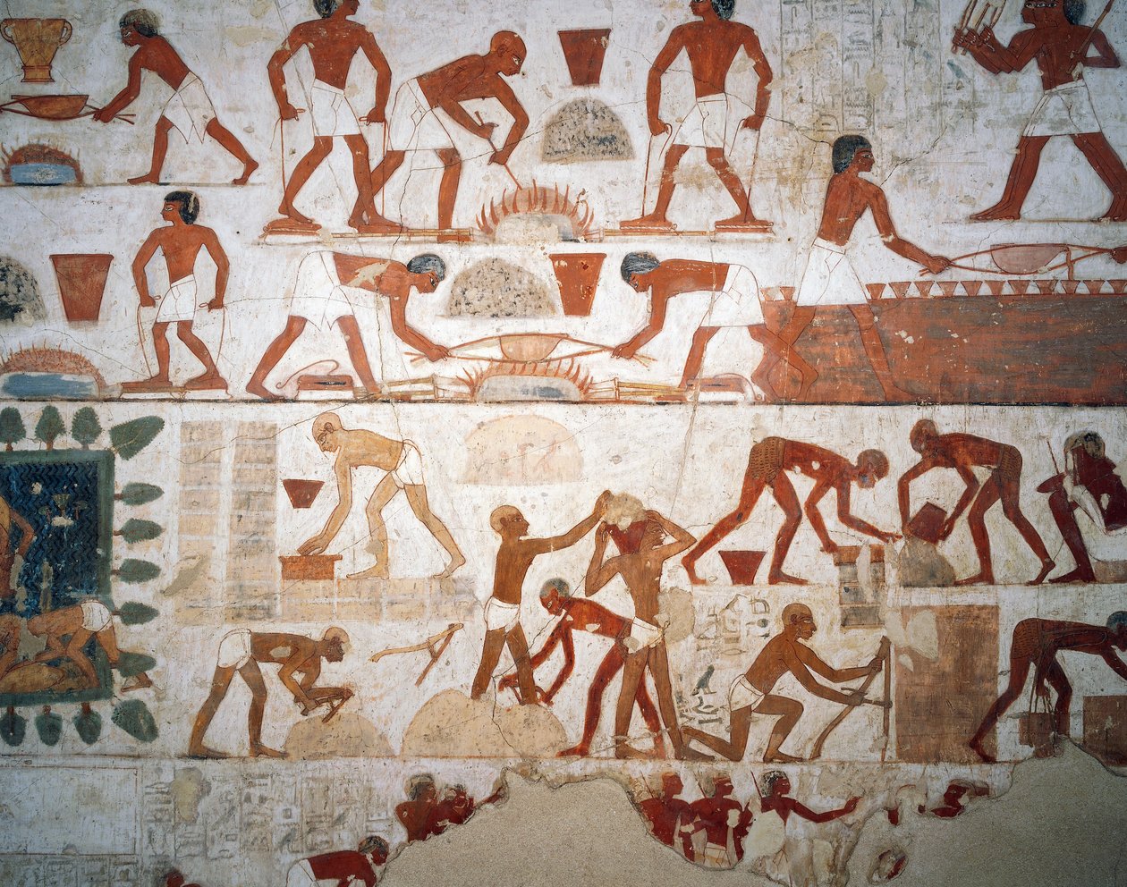 Metallin jalostus ja savitiilien valmistus, fresko, kappeli, Rekhmiren hauta (TT100), Sheikh Abd el-Qurna, Thebes (Unescon maailmanperintöluettelo) tekijältä Egyptian 18th Dynasty