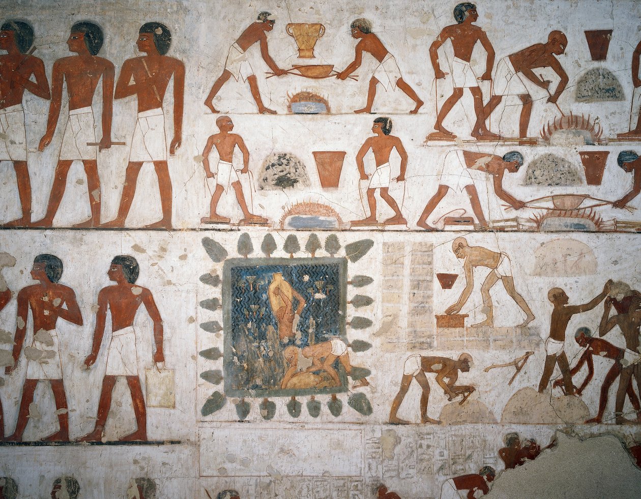 Metallin jalostus ja savitiilien valmistus, fresko, kappeli, Rekhmiren hauta (TT100), Sheikh Abd el-Qurna, Thebes (Unescon maailmanperintöluettelo) tekijältä Egyptian 18th Dynasty