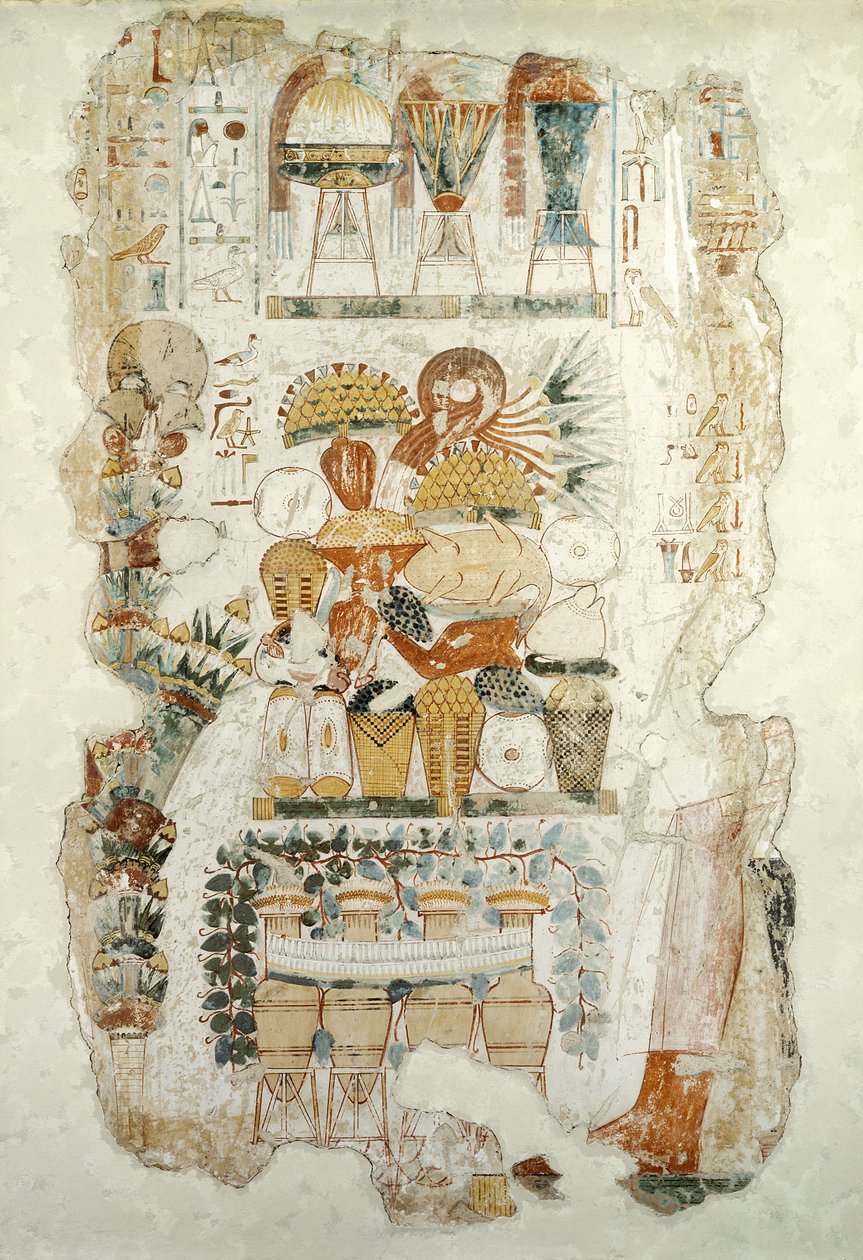 Nebamun vastaanottaa uhreja pojaltaan Nebamunin haudalta, noin 1350 eKr. (seinämaalaus) tekijältä Egyptian 18th Dynasty