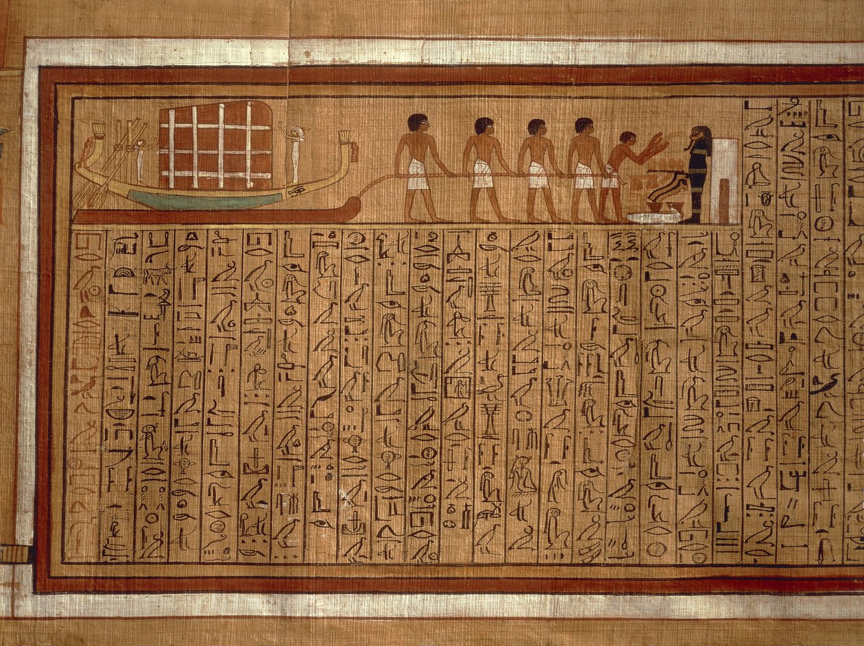 Kuolleiden kirjan hieroglyfejä ja monivärisiä kuvituksia sisältävä papyrus Khan haudasta Thebassa. Uusi valtakunta, XVIII dynastia tekijältä Egyptian 18th Dynasty