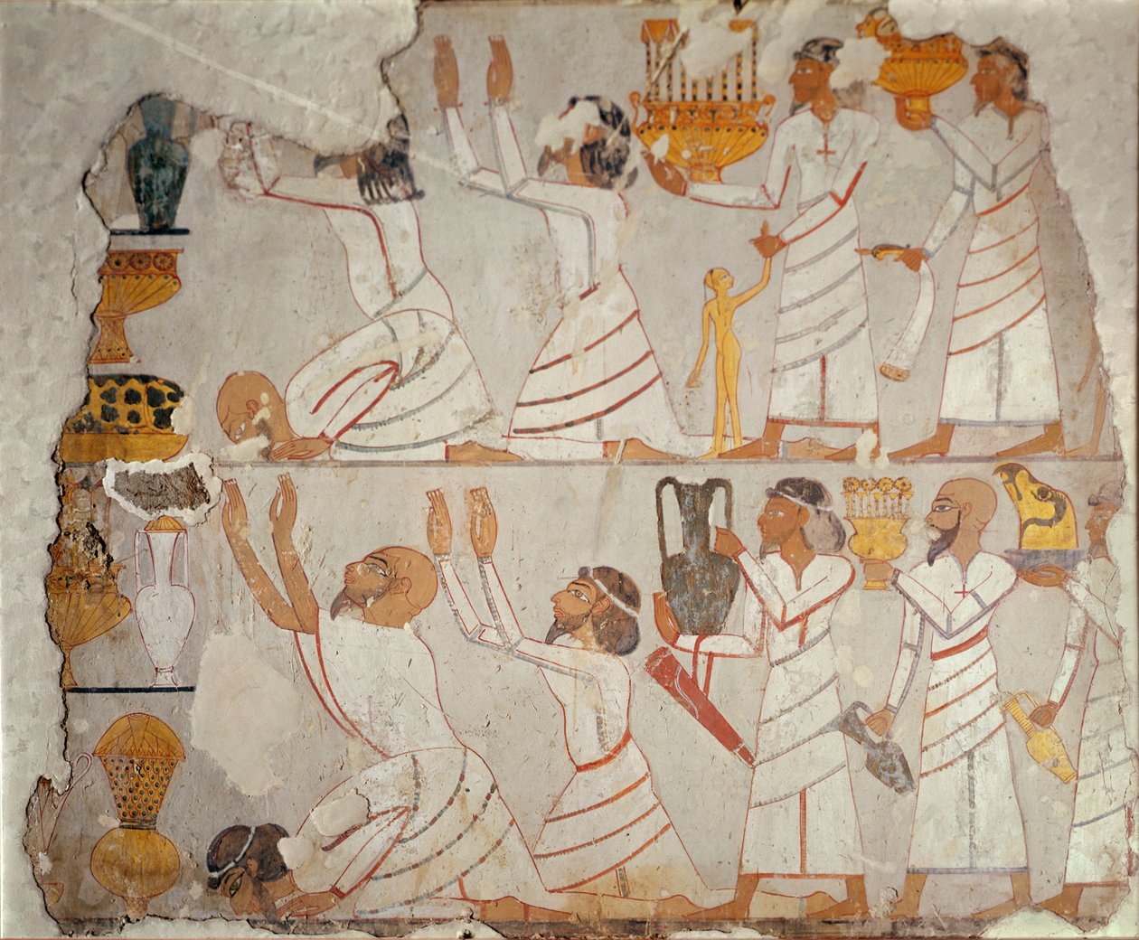 Osa maalattua haudan seinää, jossa näkyy aasialaisia kunnianosoittajia, noin 1400 eKr. (maalattu kipsi kivelle) tekijältä Egyptian 18th Dynasty