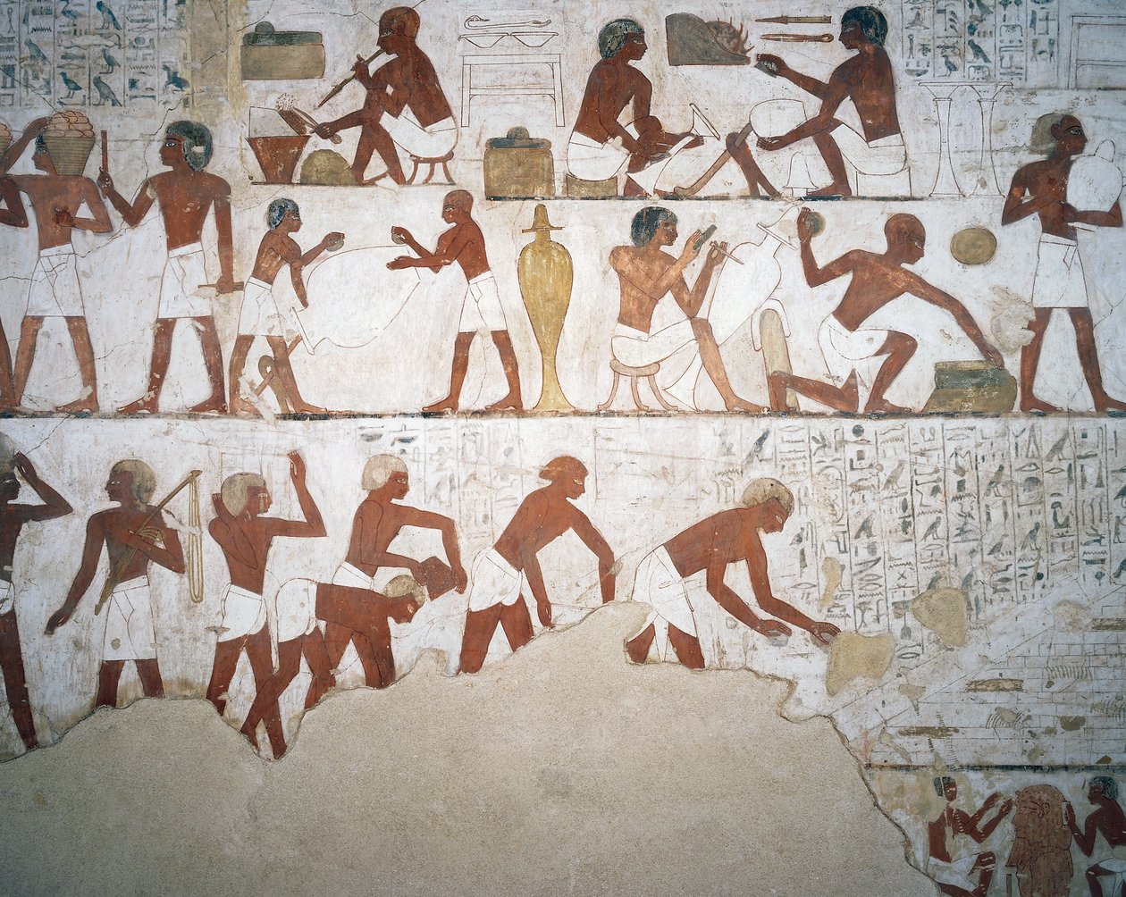 Valaajat ja työntekijät, fresko, kappeli, Rekhmiren hauta (TT100), Sheikh Abd el-Qurna, Thebes (Unescon maailmanperintöluettelo) tekijältä Egyptian 18th Dynasty
