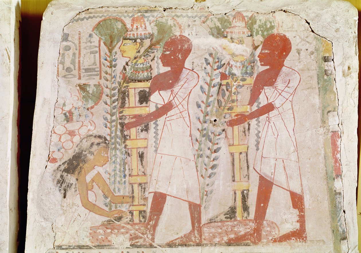 Kahden muumion valmistelu puhdistusseremoniaan, Merymaatin haudalta, Uudesta kuningaskunnasta (seinämaalaus) tekijältä Egyptian 18th Dynasty