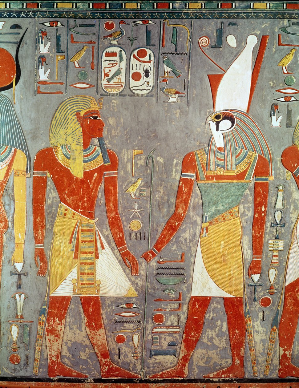Reliefi, joka kuvaa Horemhebia (n. 1323-1295 eKr.) ennen Horusta, hänen haudastaan, Uudesta kuningaskunnasta (maalattu kalkkikivi) tekijältä Egyptian 18th Dynasty