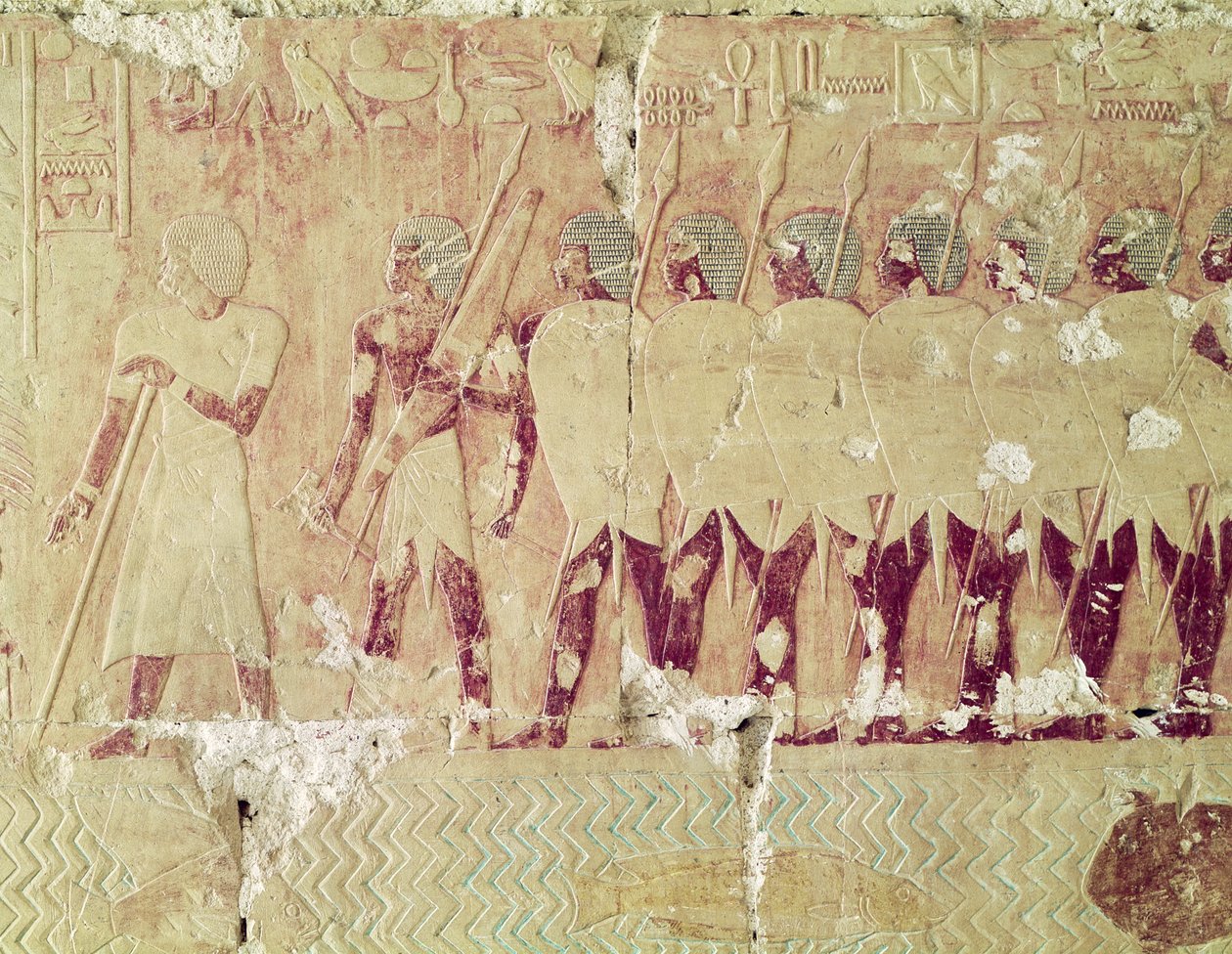 Reliefi, joka kuvaa sotilaita, jotka kuningatar Hatshepsut lähetti retkille Puntin osavaltioon tuomaan takaisin ainesosia temppelirituaaliin käytettäviksi Hatshepsutin Mortuary-temppelistä, n. 1503–1482 eKr., Uusi. tekijältä Egyptian 18th Dynasty