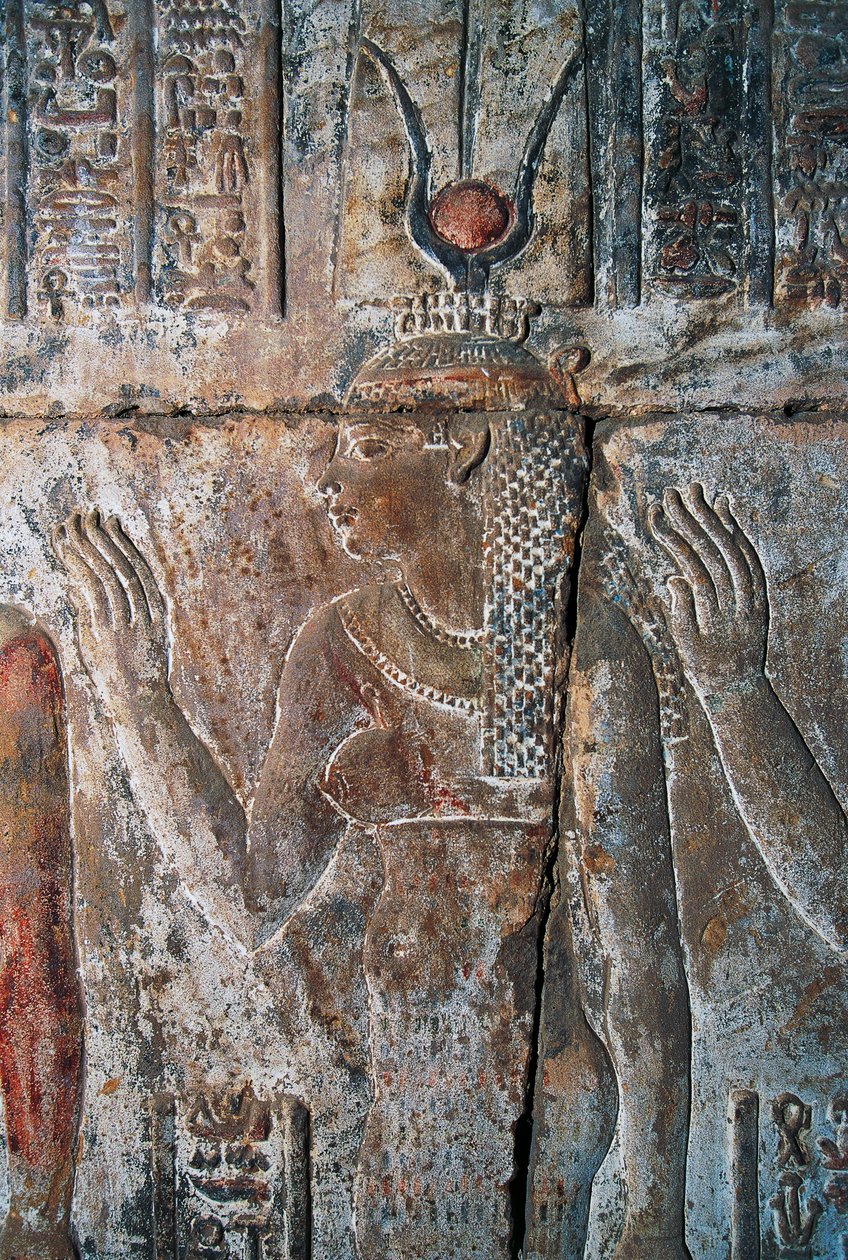 Reliefi, jossa Hatsepsut on kuvattu Hathorina, Hatsepsutin hautajaistemppeli, Deir el-Bahri, Luxor, Theeba (Unescon maailmanperintöluettelo). tekijältä Egyptian 18th Dynasty