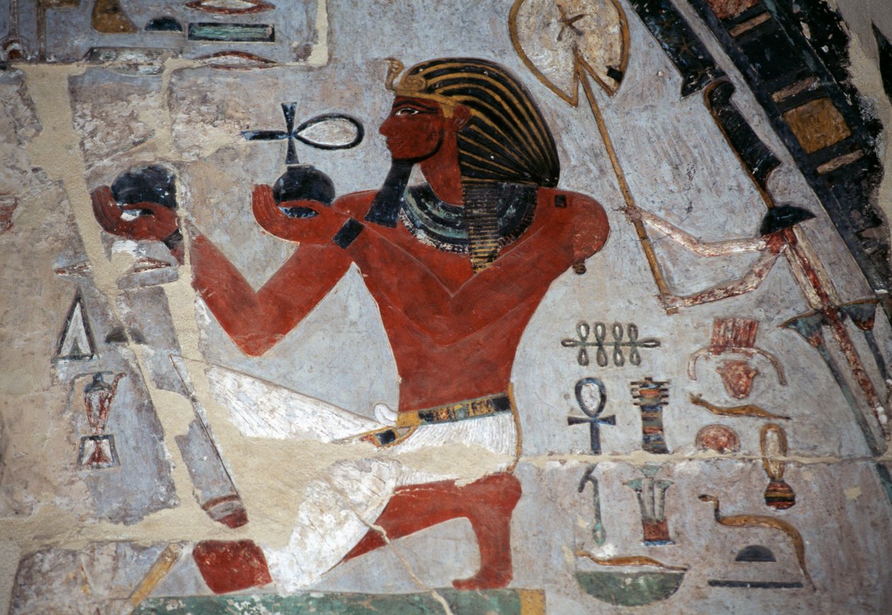 Viiniä tarjoileva Thutmosen maalattu reliefi, Hatsepsutin hautajaistemppeli, Deir el-Bahri, Thebanin nekropoli (Unescon maailmanperintöluettelo). tekijältä Egyptian 18th Dynasty