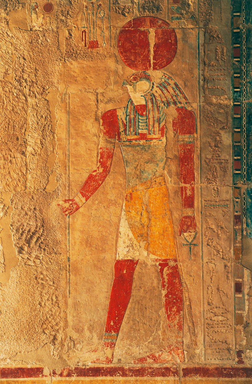 Reliefi, jossa Ra Horakhty, Hatsepsutin hautatemppeli, Deir el-Bahari, Thebanin nekropoli (Unescon maailmanperintöluettelo). tekijältä Egyptian 18th Dynasty
