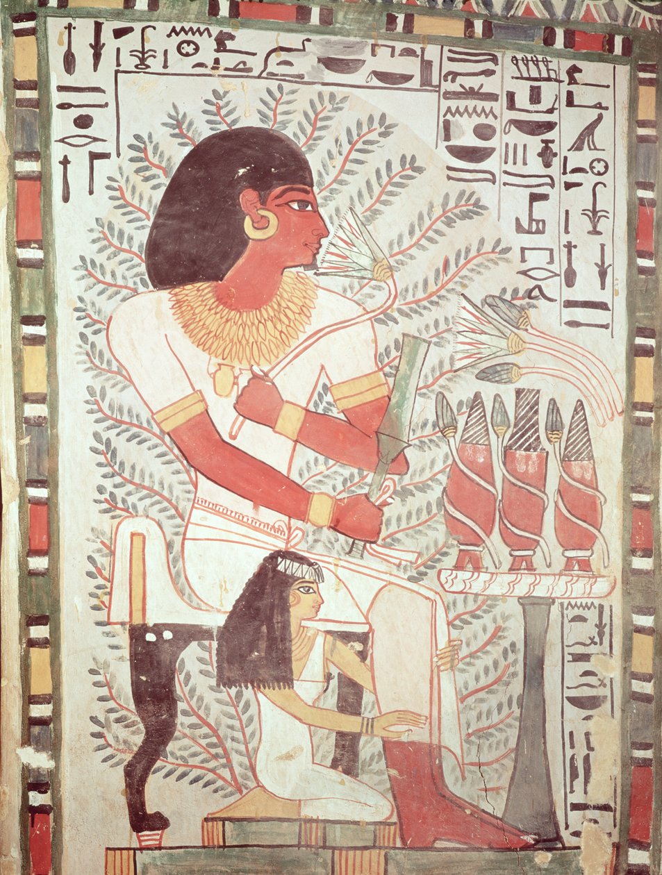 Sennefer istuu vaimonsa Merytin kanssa Senneferin haudalta, Uudesta kuningaskunnasta (seinämaalaus) tekijältä Egyptian 18th Dynasty