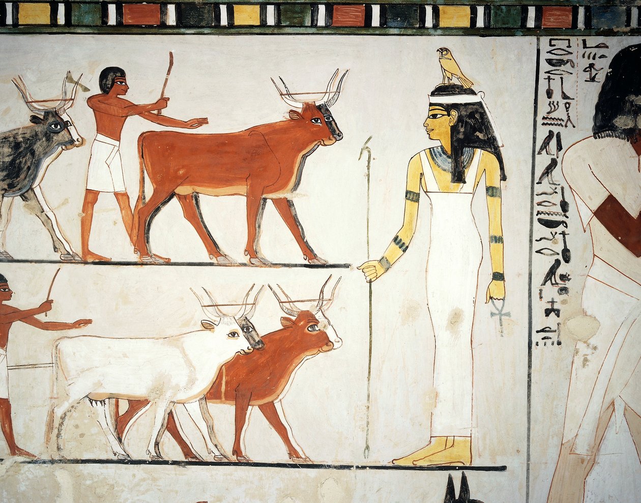 Paimenia ja karjaa jumalatar Imentetin edessä, fresko, eteläseinä, pitkittäiskammio, Thebanin hauta TT69, Sheikh Abd el-Qurna, Thebe (Unescon maailmanperintöluettelo). tekijältä Egyptian 18th Dynasty