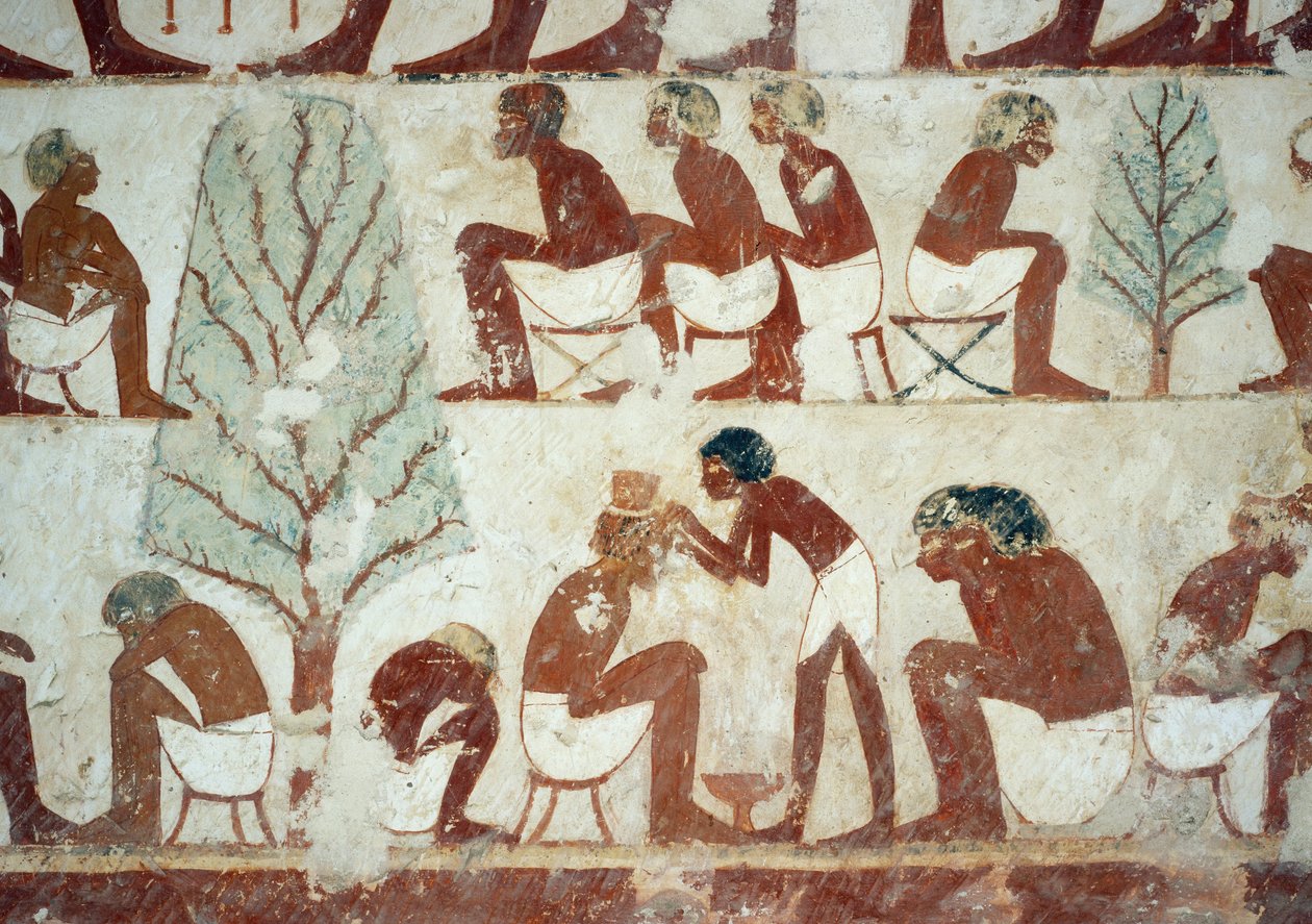 Hiukset leikatut sotilaat, yksityiskohta freskoista Tomb of Userhatissa, Sheikh Abd el Qurnah Necropolis, Luxor, Thebes (Unescon maailmanperintöluettelo) tekijältä Egyptian 18th Dynasty