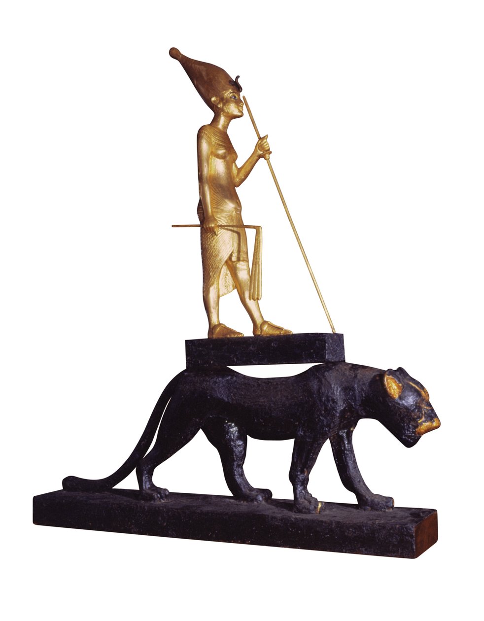 Kuninkaan patsas leopardin päällä. Tutankhamonin haudasta (n. 1370-1352 eKr.) Uusi kuningaskunta (puu ja kullattu pronssi) (katso myös 228569) tekijältä Egyptian 18th Dynasty