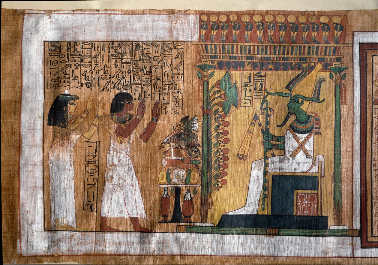 Kuollut Kha ja hänen vaimonsa Merit palvovat Osirista, tuonpuoleisen elämän herraa - Papyrus Kuolleiden kirjasta, arkkitehti Khan hautakammiosta tekijältä Egyptian 18th Dynasty