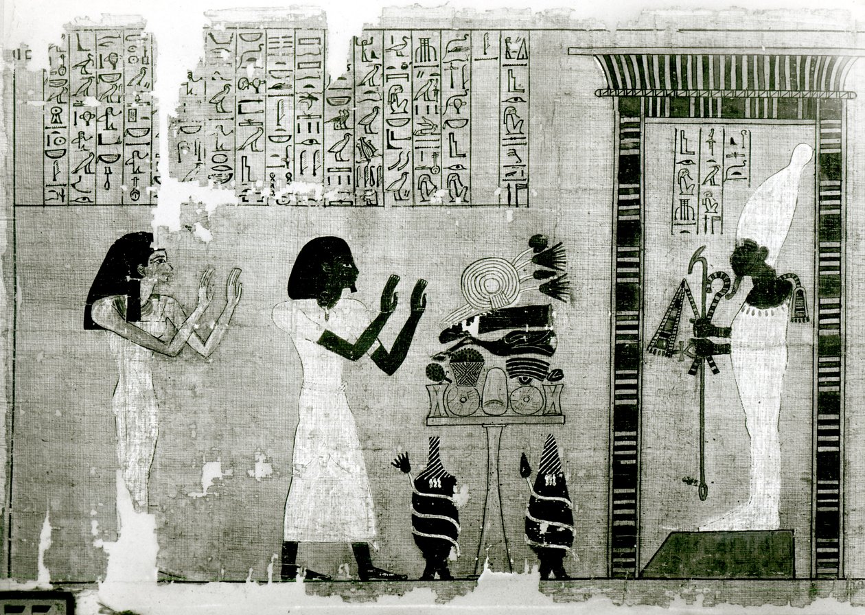 Vainaja sisarensa kanssa menee kunnioittamaan Osirista, yksityiskohta Kuolleiden kirjasta, Uusi kuningaskunta (papyrus) tekijältä Egyptian 18th Dynasty