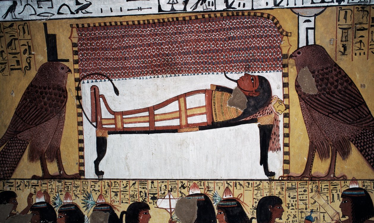 Vainajan hautaaminen, seinämaalaus, Sennedjemin hauta, Kuninkaiden laakso, Luxor, Thebe (Unescon maailmanperintökohde). tekijältä Egyptian 18th Dynasty