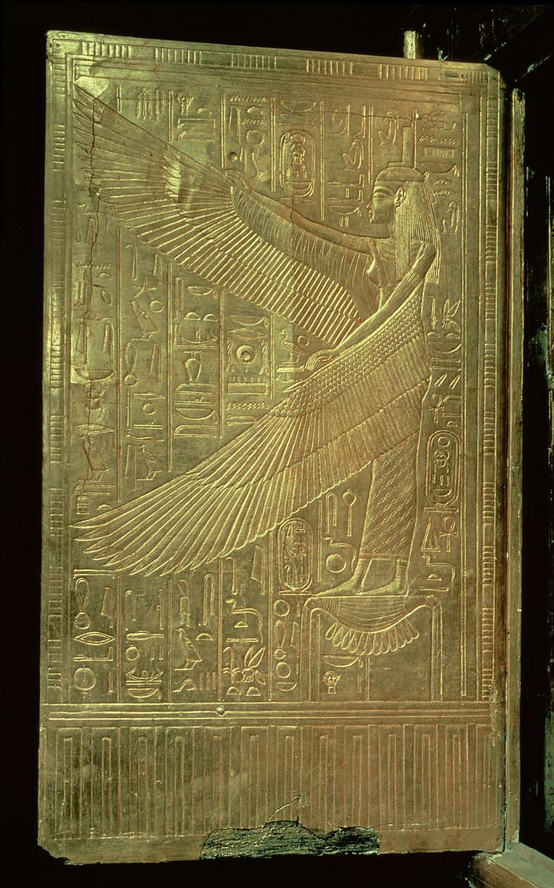 Jumalatar Isis kolmannen kullatun pyhäkön yhden parioven sisäpuolelta, Tutankhamonin haudasta (n. 1370-52 eKr.) Uusi kuningaskunta (kullattu puu) tekijältä Egyptian 18th Dynasty