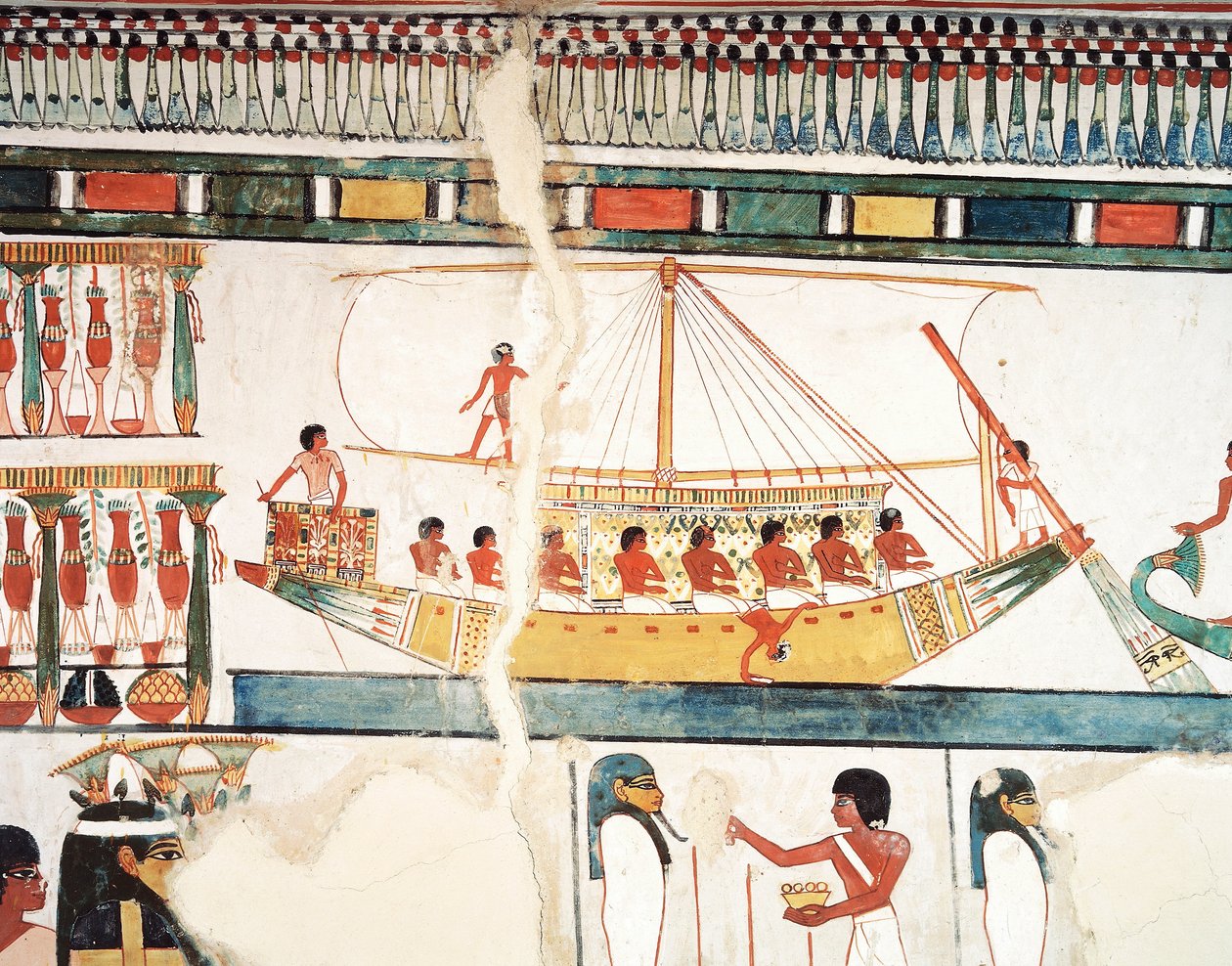 Aurinkolaiva, yksityiskohta Abydoksen pyhiinvaelluksesta, fresko, pohjoisseinä, pitkä ruokasali, Theban Tomb TT69, Sheikh Abd el-Qurna, Thebes (Unescon maailmanperintöluettelo) tekijältä Egyptian 18th Dynasty