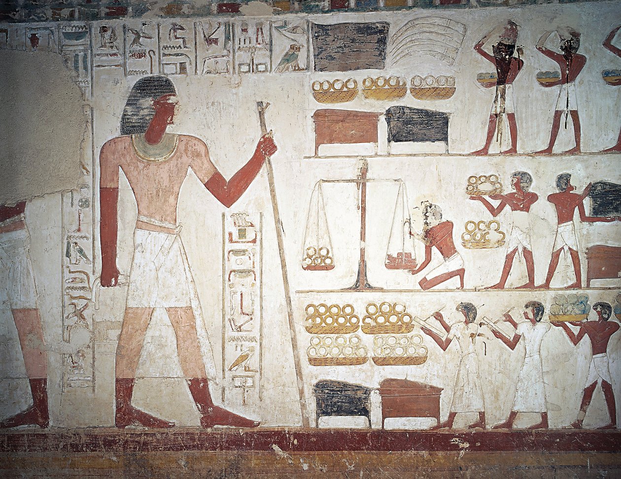 Kuparin punnitus, fresko, Userhatin hauta, opettaja ja kirjuri Amenhotep II:n hallituskaudella, joka tunnetaan myös nimellä hauta TT56, Sheikh Abd el-Qurna, Thebes (Unescon maailmanperintöluettelo) tekijältä Egyptian 18th Dynasty