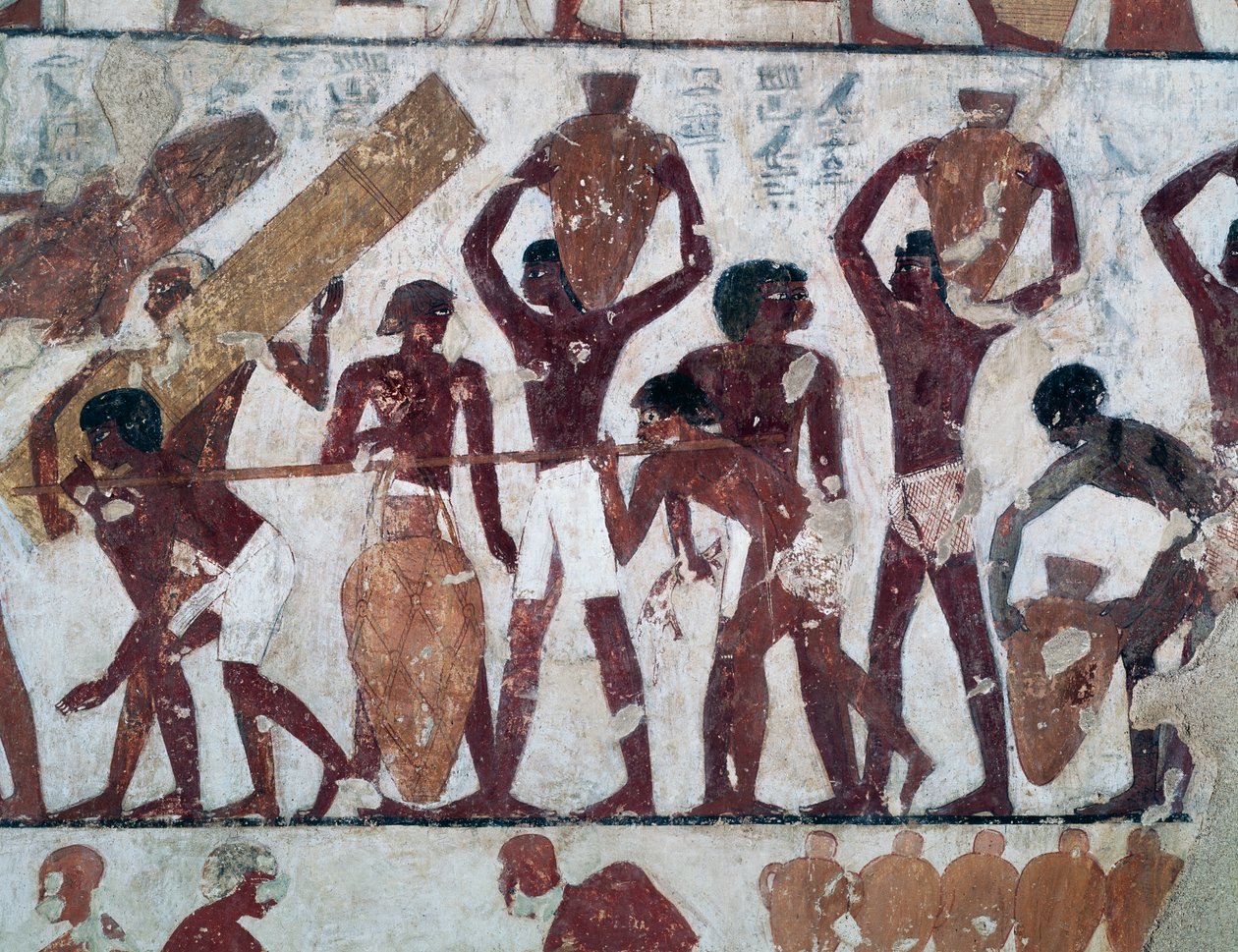 Ruoan kuljettaminen varastoon Ammonin temppelin varastoihin, Rekhmiren hauta, joka tunnetaan myös nimellä Tomb TT100, Sheikh Abd el-Qurna, Theban Necropolis (Unescon maailmanperintöluettelo) tekijältä Egyptian 18th Dynasty