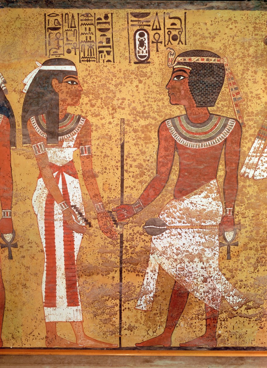 Tutankhamon (n. 1370-1352 eKr.) ja hänen vaimonsa Ankhesenamun haudastaan, New Kingdom (maalattu kalkkikivi) tekijältä Egyptian 18th Dynasty