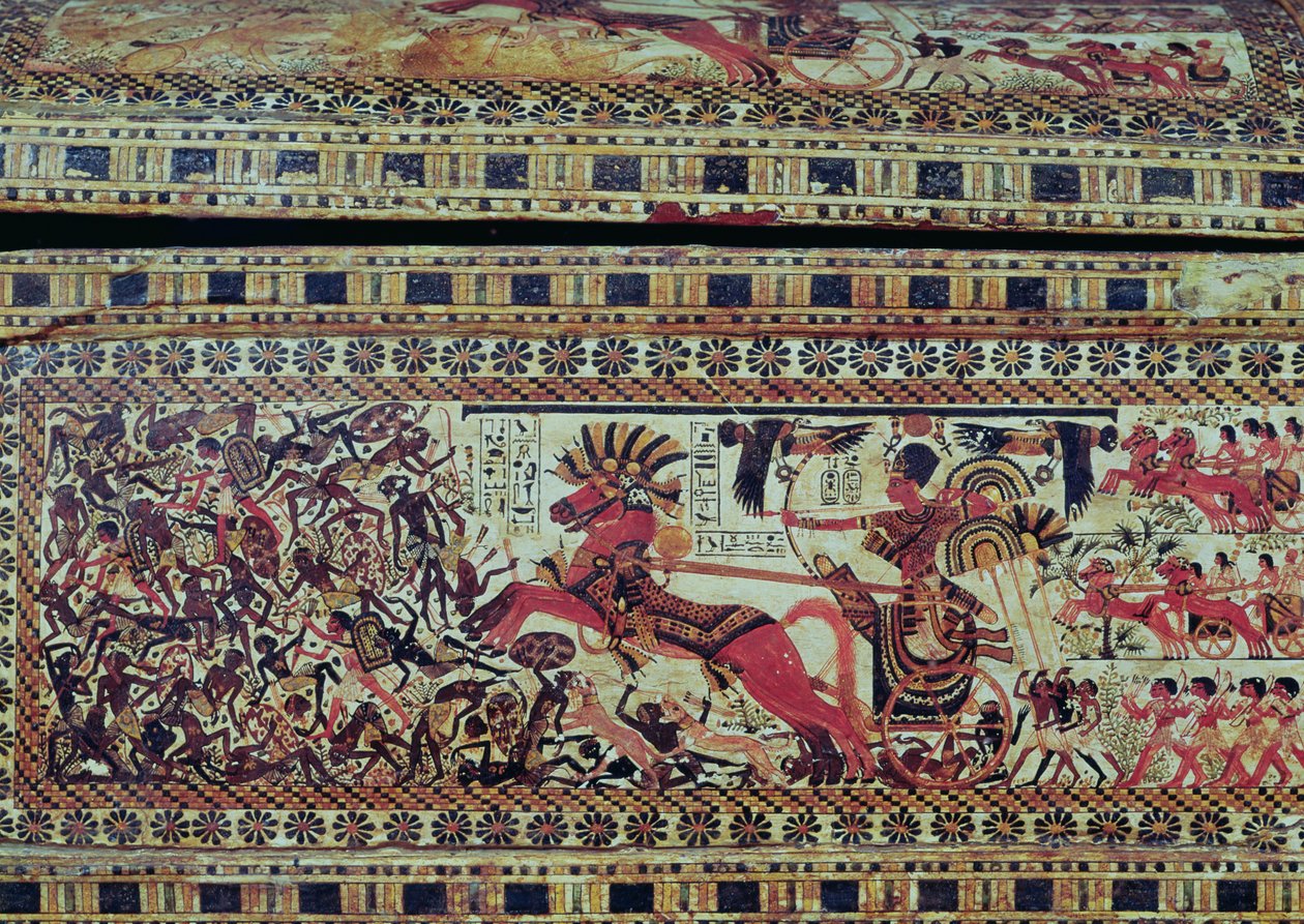 Tutankhamon (n. 1370-1352 eKr.) vaunuillaan hyökkäämässä afrikkalaisia vastaan, yksityiskohta arkun kyljestä, Uusi kuningaskunta, n. 1340 eKr. (maalattu puu) (katso 147998) tekijältä Egyptian 18th Dynasty