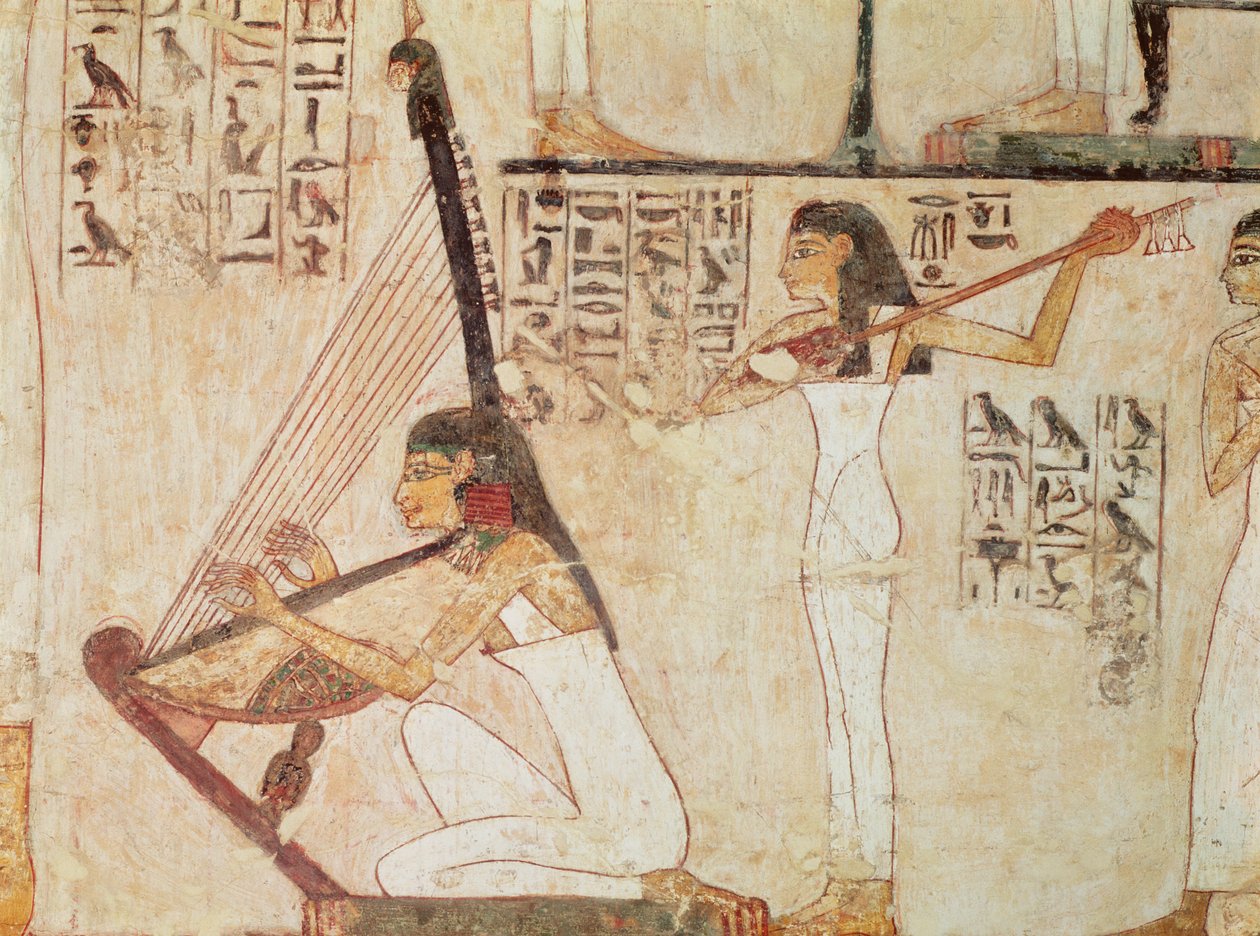 Kaksi muusikkoa, Rekhmiren haudasta, Uudesta kuningaskunnasta (seinämaalaus) tekijältä Egyptian 18th Dynasty