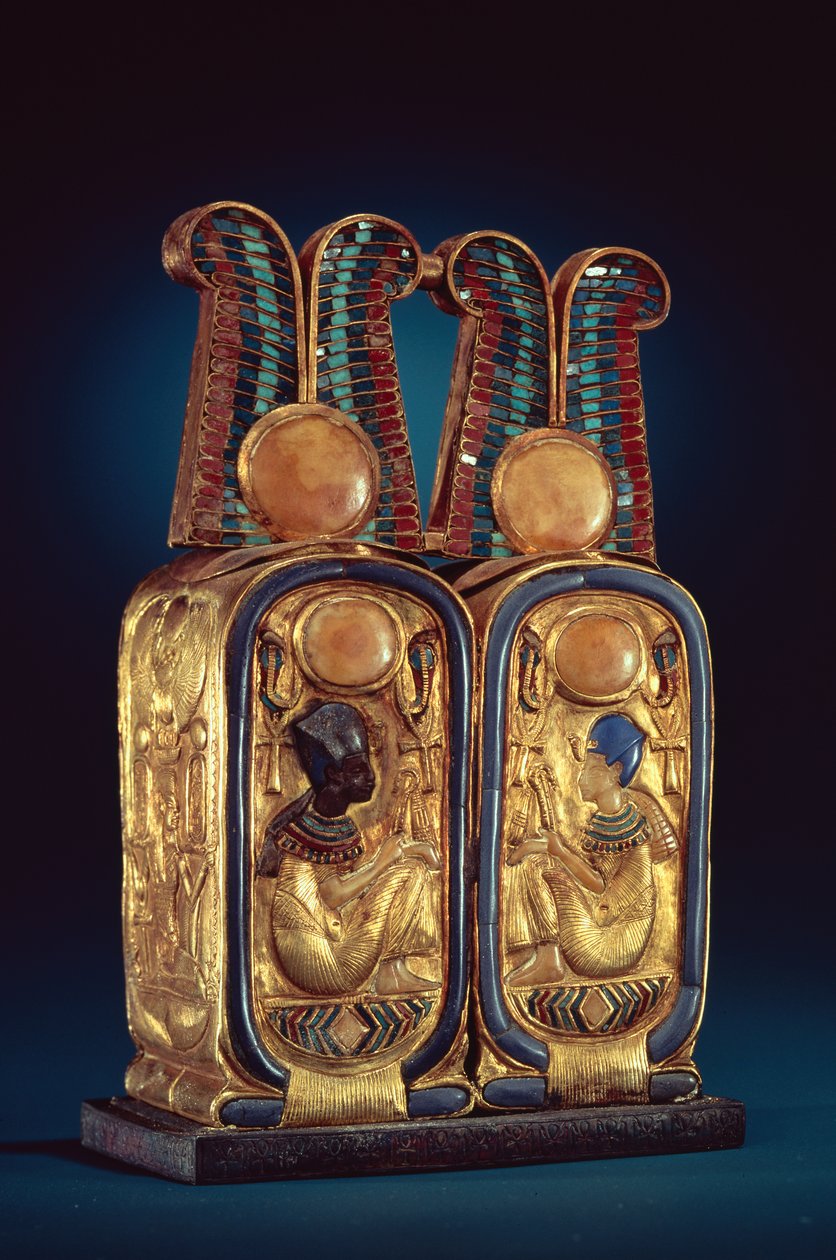 Unguent-laatikko kaksinkertaisen kuninkaallisen kartussin muodossa, Tutankhamonin haudasta, Uudesta kuningaskunnasta (kullattu puu, upotettu lasitahnalla) tekijältä Egyptian 18th Dynasty