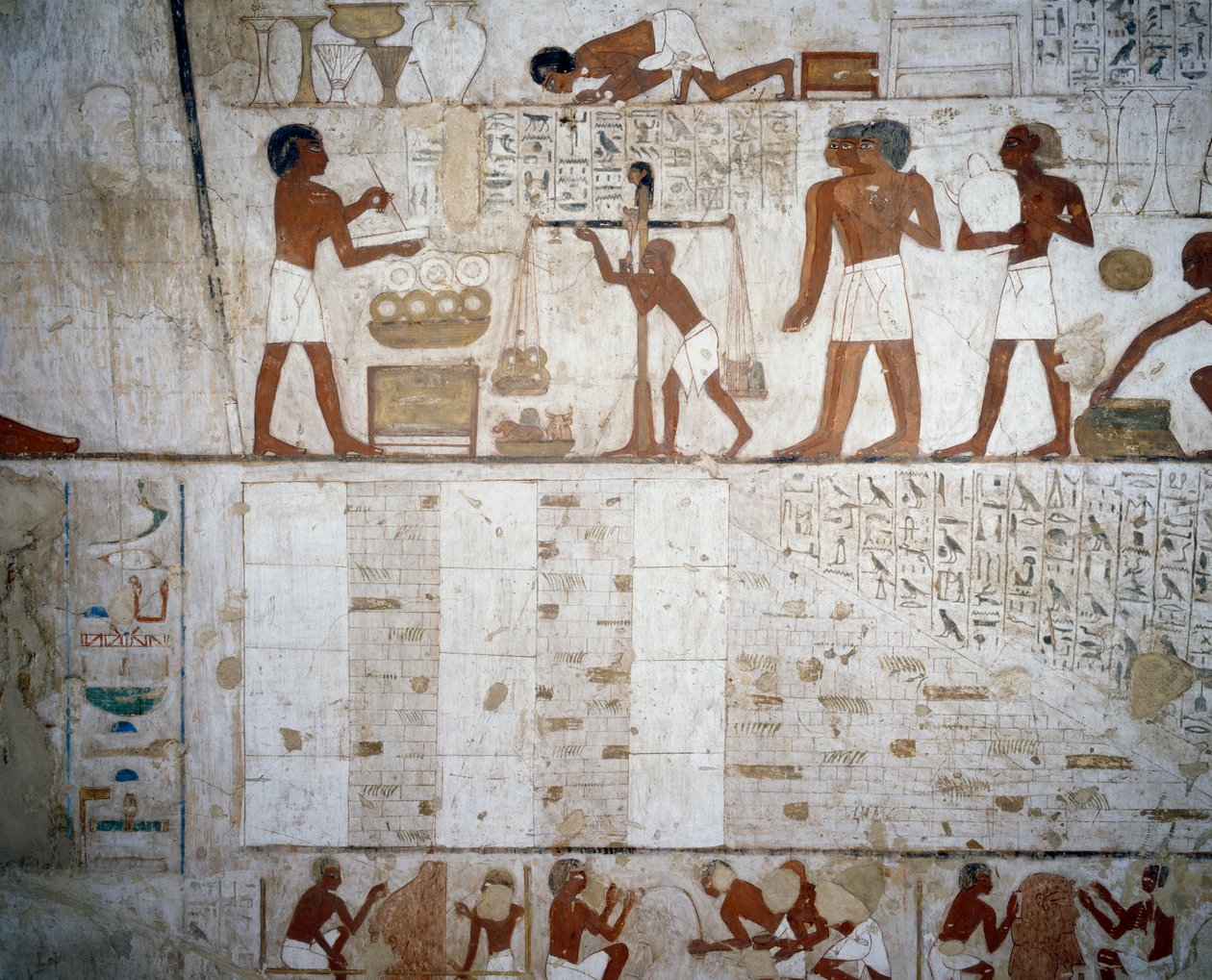 Punnitus kultaa ja hopeaa, yksityiskohta freskoista Rekhmiren haudassa, Sheikh Abd el Qurnah Necropolis, Luxor, Thebes (Unescon maailmanperintöluettelo) tekijältä Egyptian 18th Dynasty