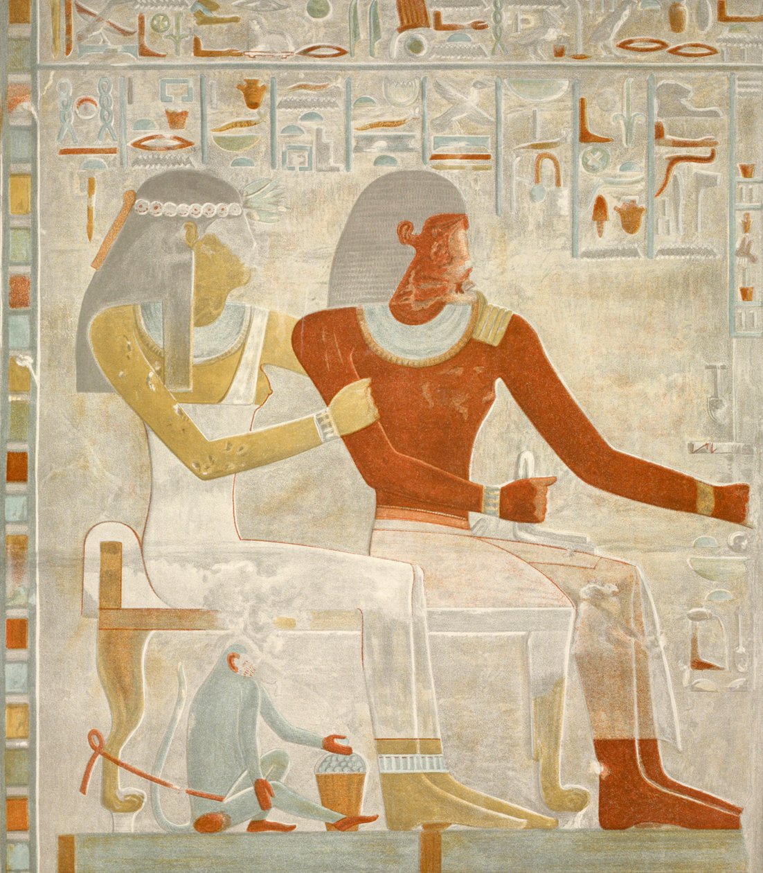 kuva Paherin ja hänen vaimonsa Henut-er-nehehin freskosta Paherin haudasta El Kabissa Egyptissä, kuva julkaistu vuonna 1895 (tulostus) tekijältä Egyptian 18th Dynasty