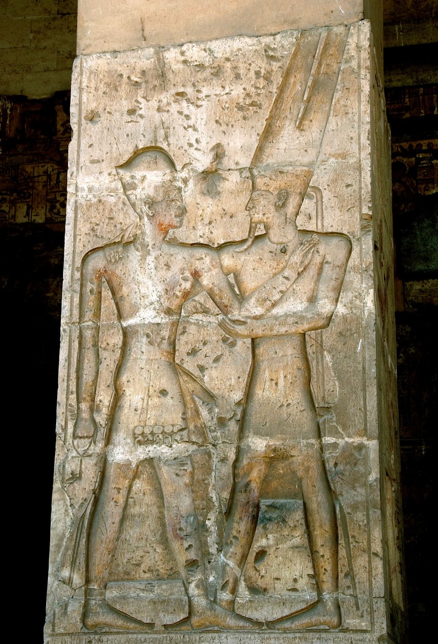 Muinainen egyptiläinen taide: Matala kohokuvio Sethi I:n (Sety tai Seti I) temppelin pylväässä tekijältä Egyptian 19th Dynasty