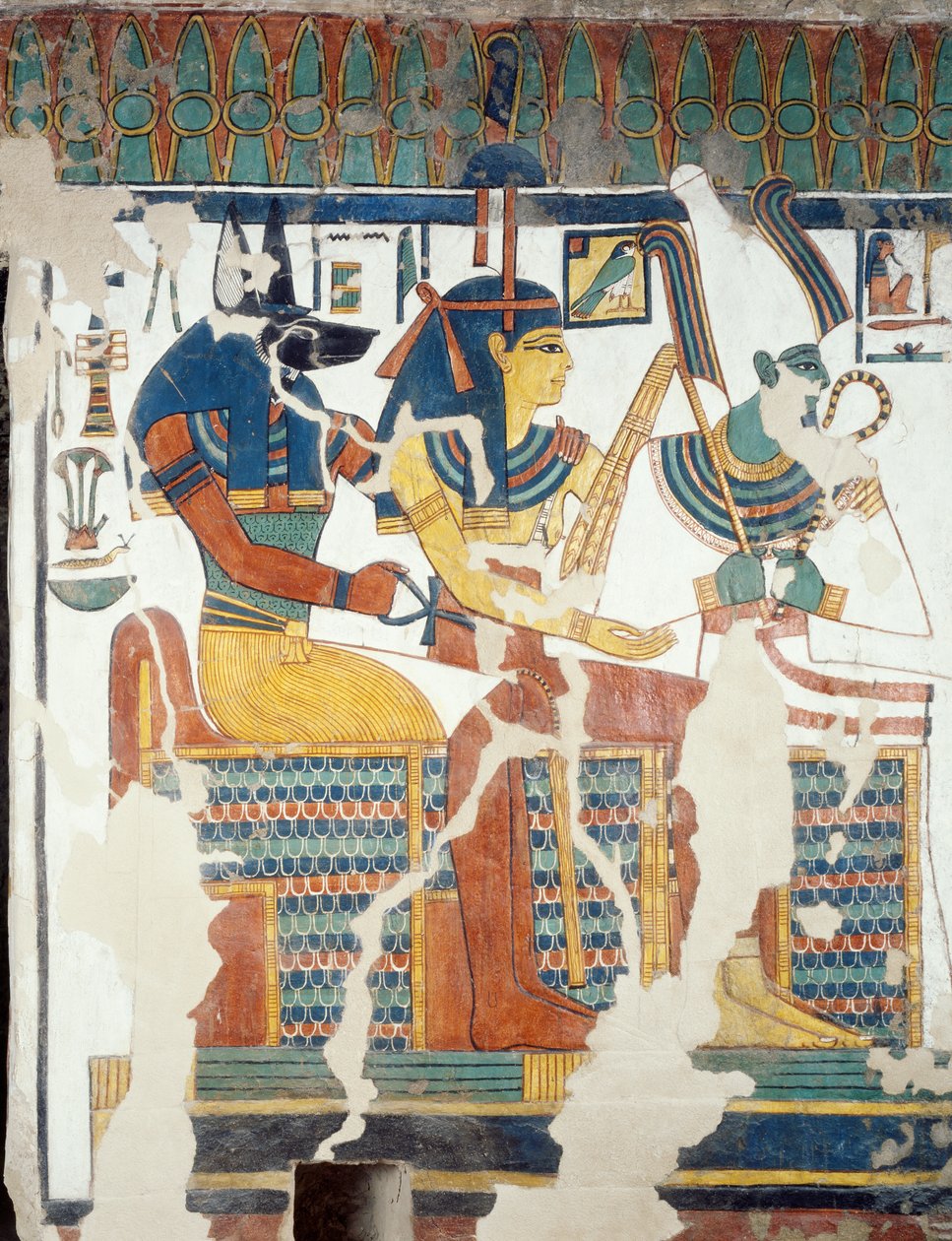 Anubis, Osiris i Nefertari, de la segona cambra de la Tomba de Nefertari, detall (fresco)finès tekijältä Egyptian 19th Dynasty