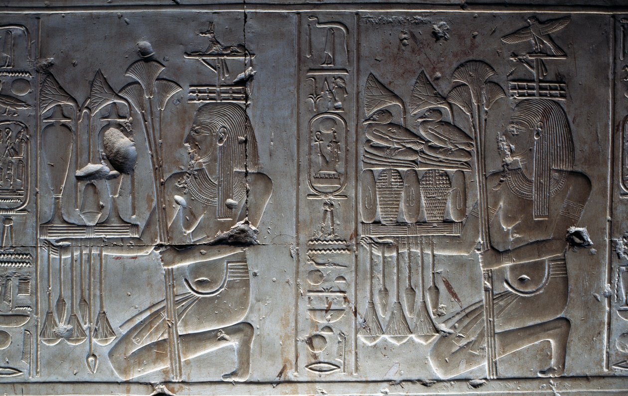 Bas-reliefi, Seti I:n temppeli, tai Abydoksen suuri temppeli, Abydos, Egypti, Egyptin sivilisaatio, Uusi valtakunta, XIX dynastia tekijältä Egyptian 19th Dynasty