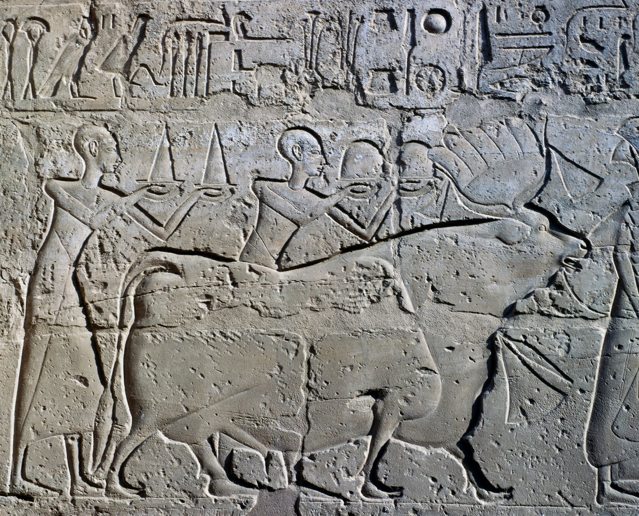 Kaivosalueita symboloivia hahmoja tuomassa veronsa jumalalle, reliefi, Ramesses II:n sisäpiha, Amunin temppeli (Unescon maailmanperintöluettelo). tekijältä Egyptian 19th Dynasty