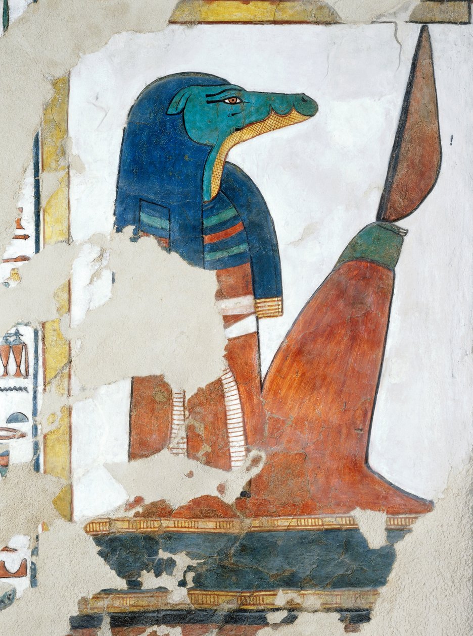 Osiriksen valtakunnan kolmannen portin krokotiilipäinen vartija, Kuolleiden kirjan luku 146, fresko, hautakammio, Nefertarin hauta (QV66), Kuningattarien laakso, Thebe. Egyptin sivilisaatio, Uusi valtakunta, XIX dynastia. tekijältä Egyptian 19th Dynasty