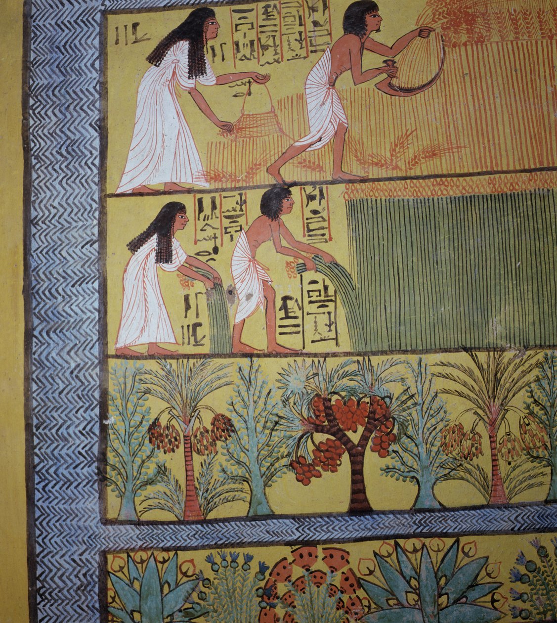 Yksityiskohta sadonkorjuukohtauksesta itäseinällä, Sennedjemin haudasta, The Workers Village, New Kingdom (seinämaalaus) (katso myös 19829-30 & 67891) tekijältä Egyptian 19th Dynasty