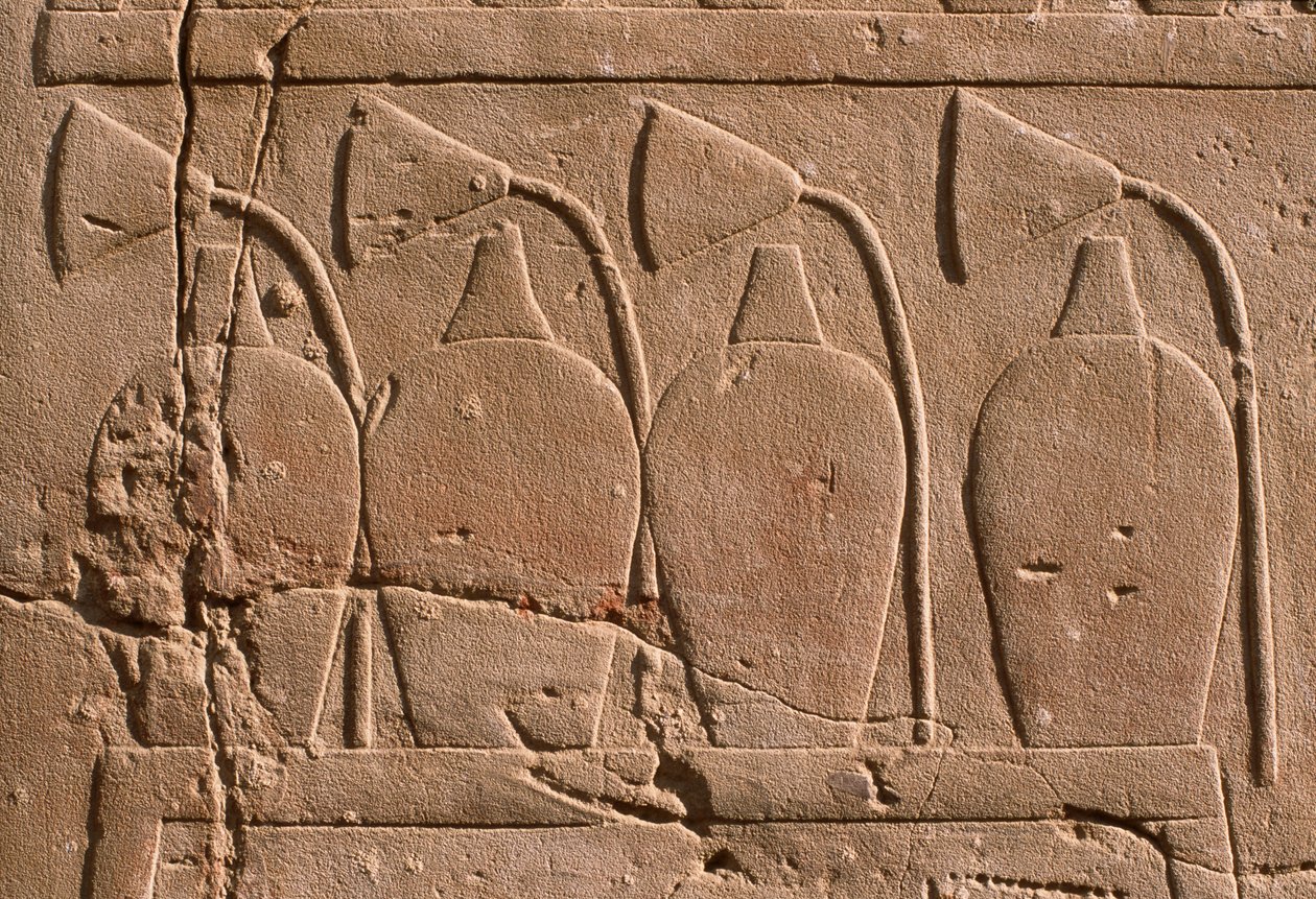 Yksityiskohta reliefistä, joka kuvaa purkkeja ja lootuksenkukkia (kalkkikivi) tekijältä Egyptian 19th Dynasty