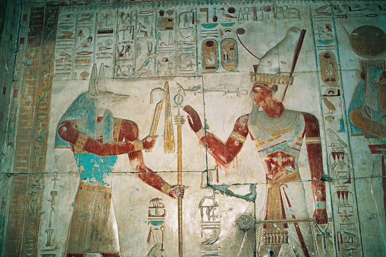 Egypti, Abydos, faarao Seti I:n temppeli, Osiriksen kappeli. Yksityiskohta, maalattu reliefi, Uusi valtakunta, XIX dynastia. tekijältä Egyptian 19th Dynasty