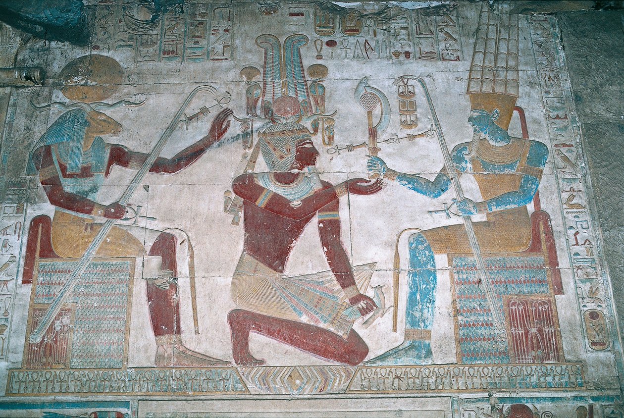 Egypti, Abydos, faarao Seti I:n temppeli, Osiriksen kappeli, maalattu reliefi tekijältä Egyptian 19th Dynasty