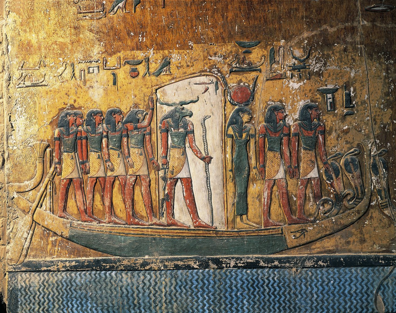 Egypti, Luxor, muinainen Thebes, Kuninkaiden laakso, Seti I:n hauta, freskot, jotka kuvaavat aurinkovenettä oinaanpäisen jumalan kanssa tekijältä Egyptian 19th Dynasty
