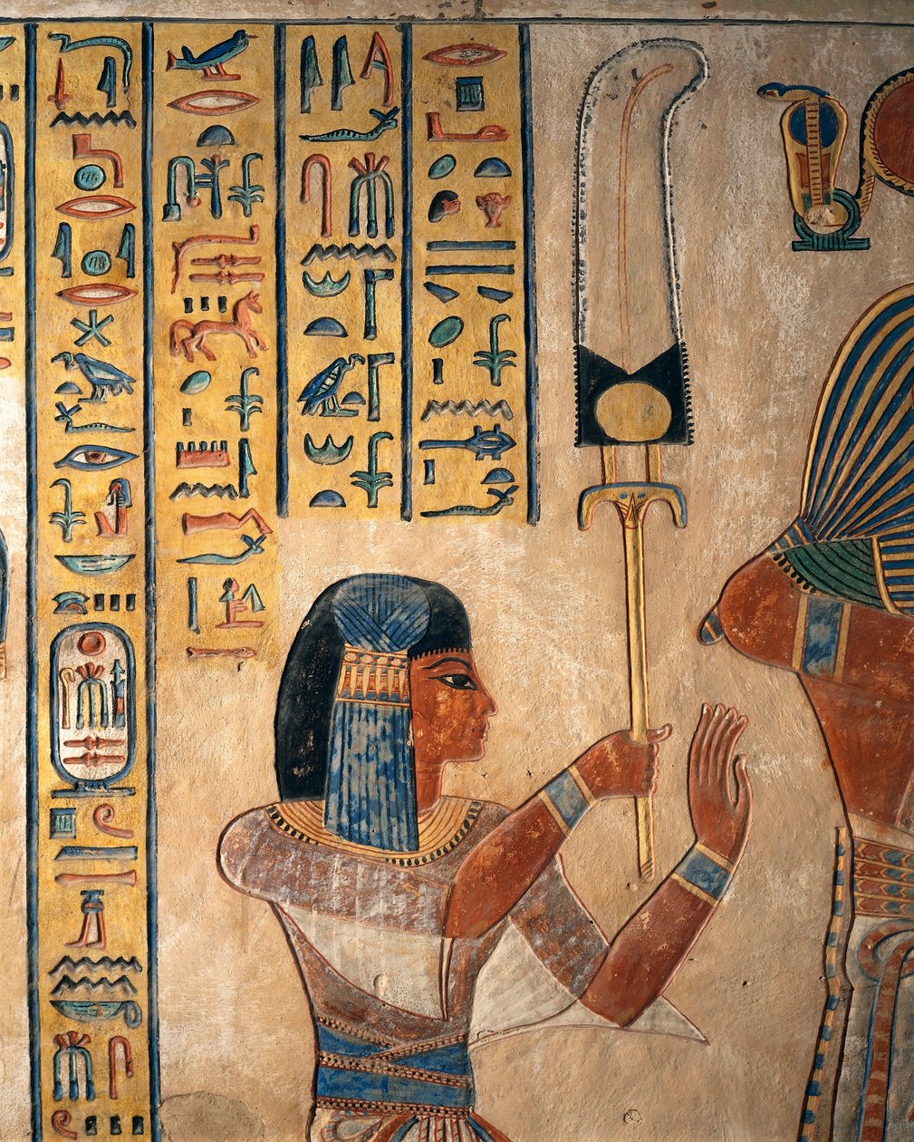 Egypti, Luxor, muinainen Thebes, Kuningattarien laakso. Ramses II:n pojan Amon Khopechefin hauta, prinssi, jolla on kädessään viuhka (flabellum). tekijältä Egyptian 19th Dynasty