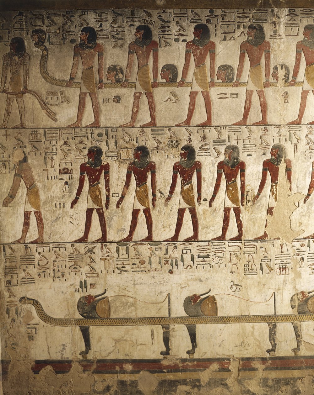 Egypti, Luxor, Kuninkaiden laakso, Seti I:n hauta, Reliefi, jossa on maalattuja kohtauksia Porttikirjasta. tekijältä Egyptian 19th Dynasty