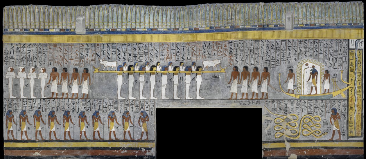Egypti, Thebes, Luxor, Kuninkaiden laakso, Ramses I:n hauta, seinämaalaus Ra:sta auringonkuoressa hautakammiossa 19. dynastiasta tekijältä Egyptian 19th Dynasty