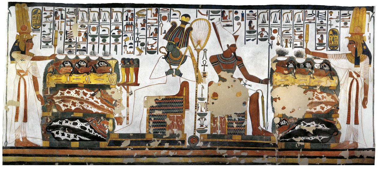 Egypti, Thebes, Luxor, Kuningattaren laakso, Nefertarin hauta, eteisammion lisärakennus, seinämaalaukset, Kuningattaren uhri Osiriksen ja Atumin edessä tekijältä Egyptian 19th Dynasty